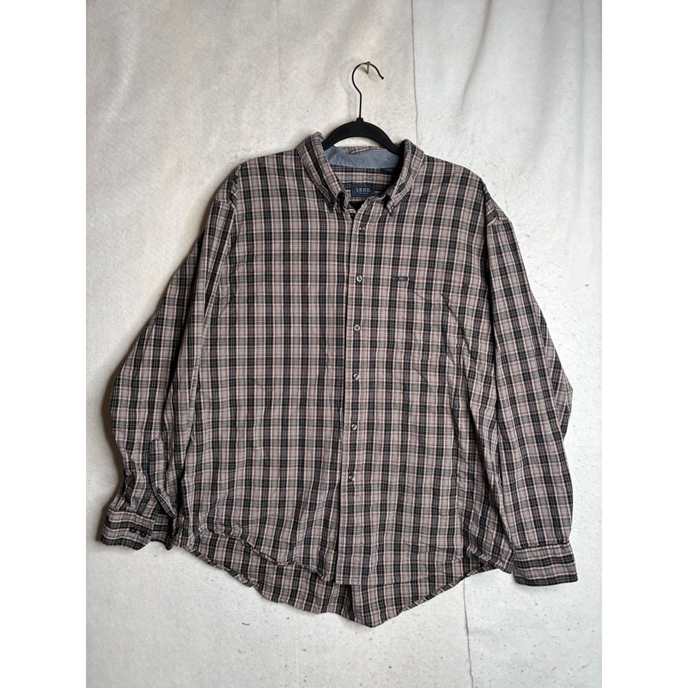 Izod Jeans Mens XL Plaid Button Down Shirt Long Sleeve Cotton Black Red Tan 4563